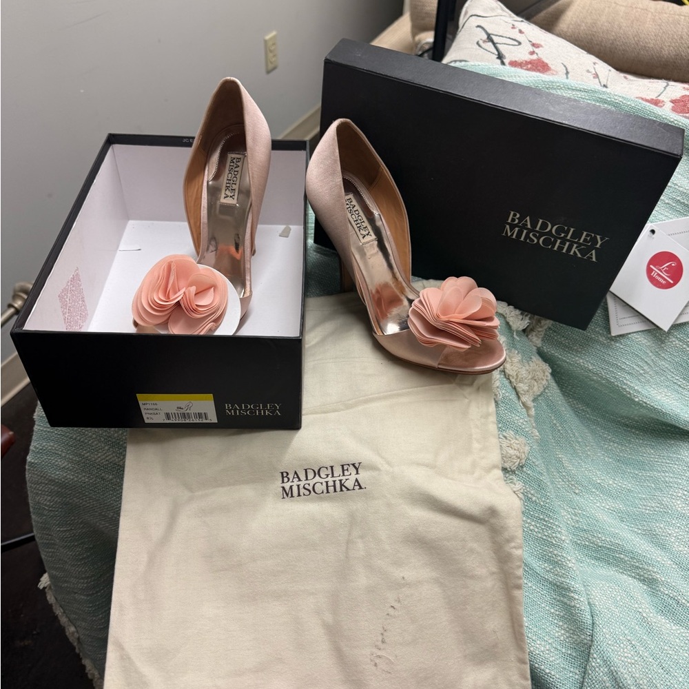 Badgley Mischka Blush Pink Satin Peep-Toe Heels with Removable Floral Accent